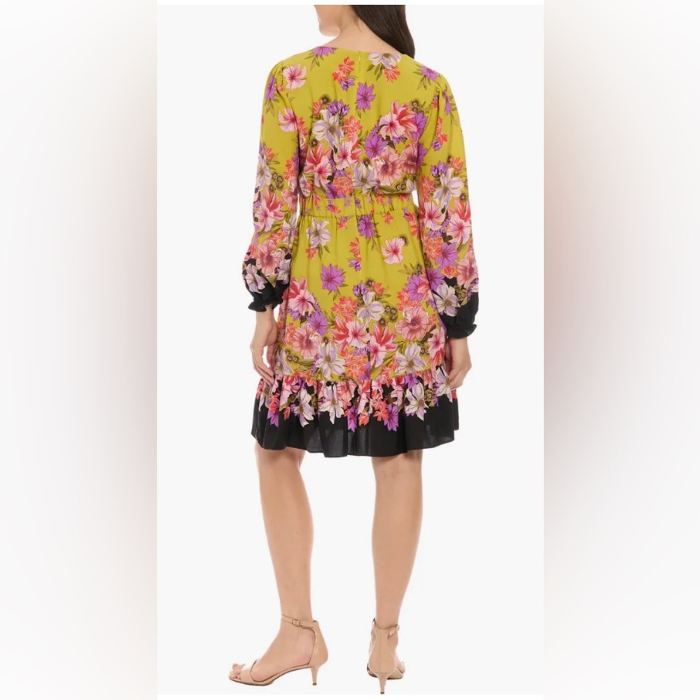 Mustard Gold Floral Dress with Purple, Pink, & Black Accents Long Sleeve Size 10 - Picture 4 of 5